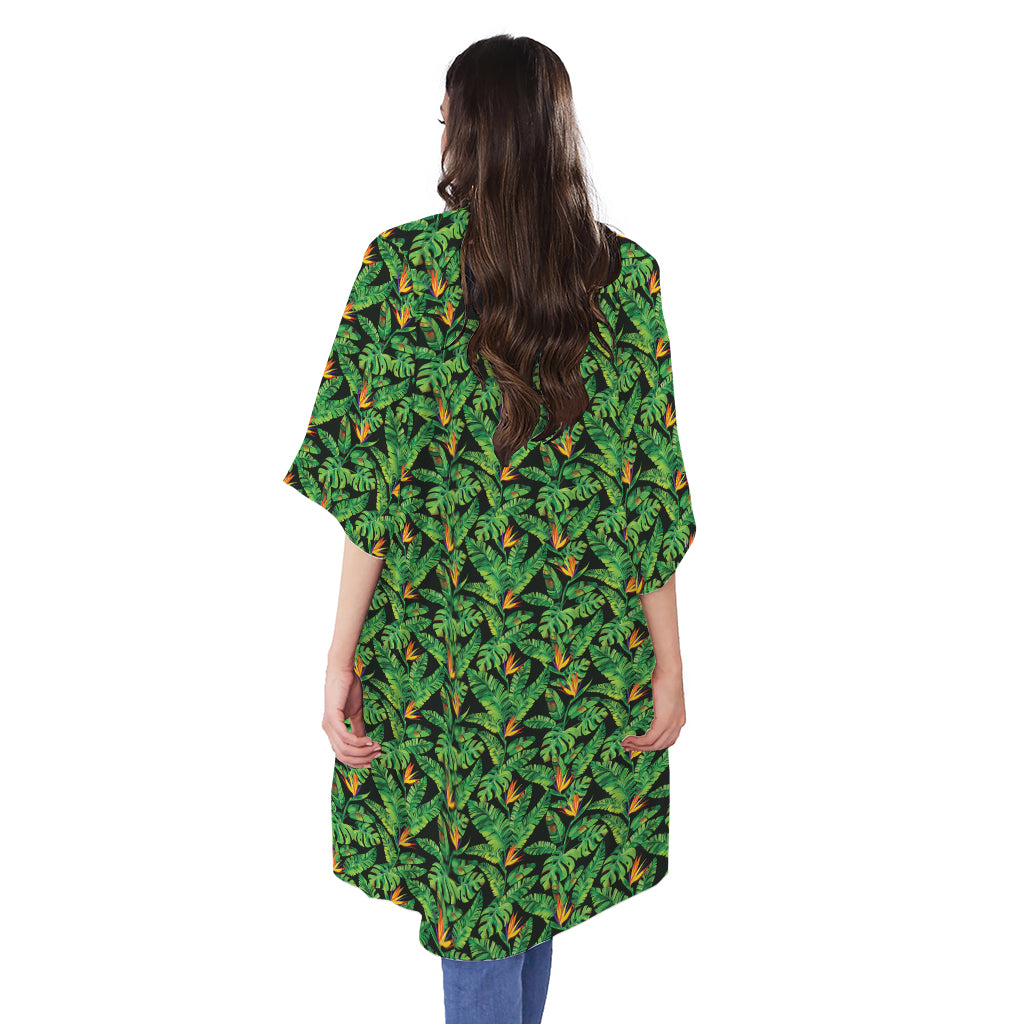 Bird Of Paradise And Palm Leaves Print Open Front Beach Cover Up