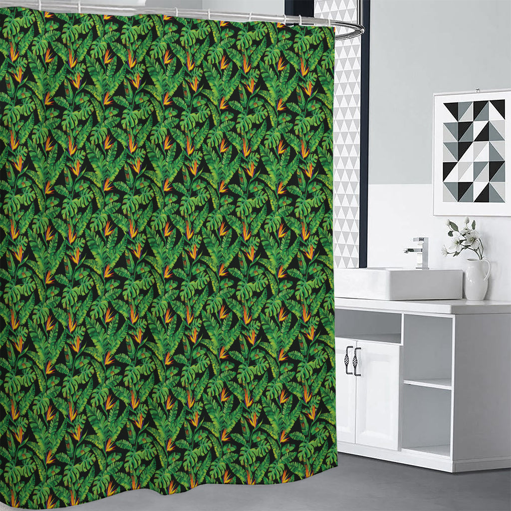 Bird Of Paradise And Palm Leaves Print Premium Shower Curtain