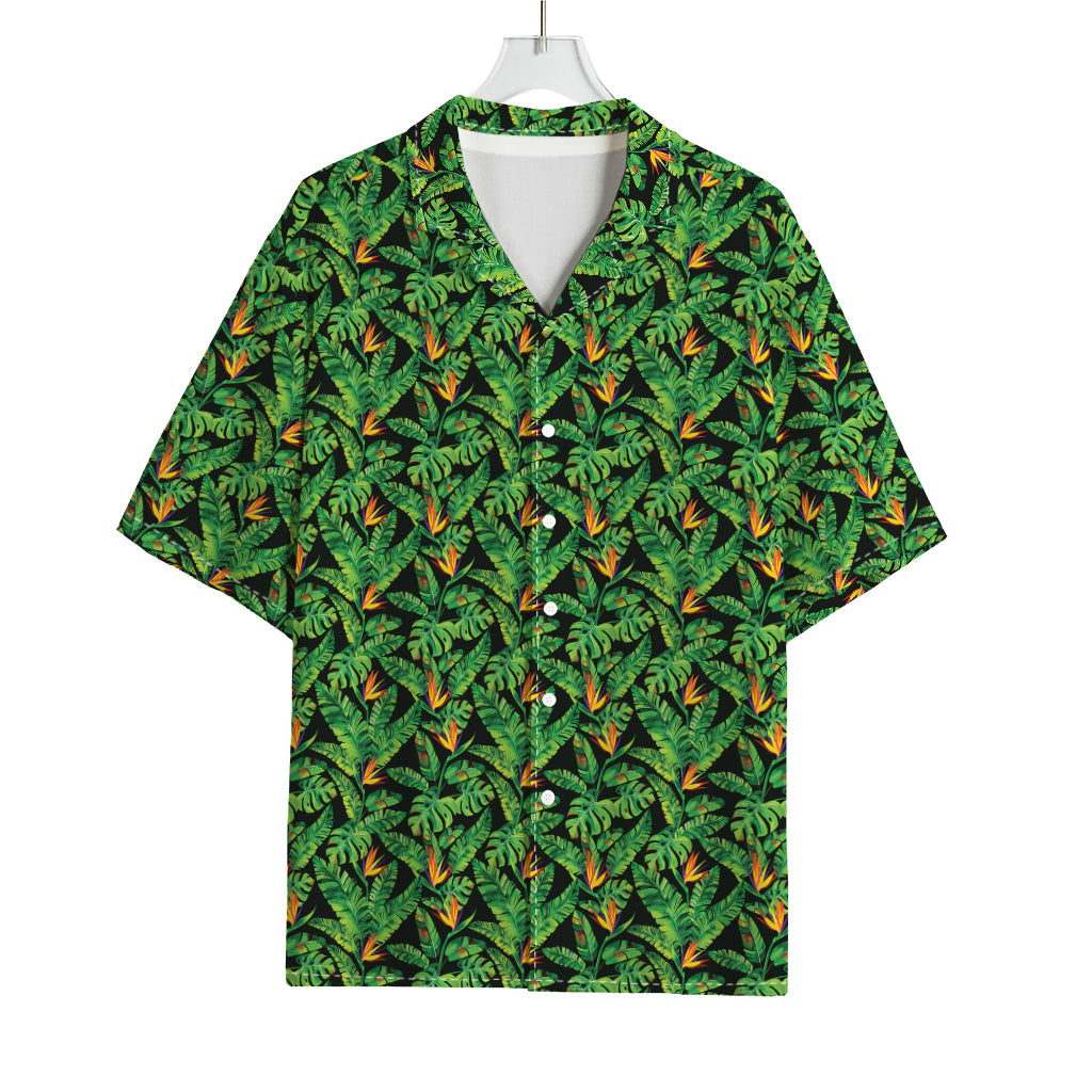 Bird Of Paradise And Palm Leaves Print Rayon Hawaiian Shirt
