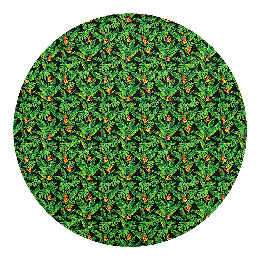 Bird Of Paradise And Palm Leaves Print Round Blanket