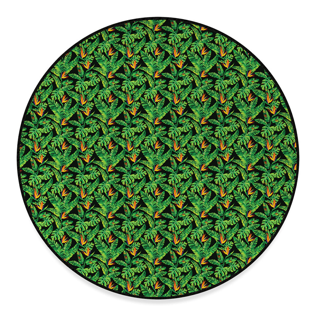 Bird Of Paradise And Palm Leaves Print Round Floor Mat