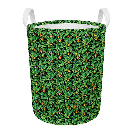 Bird Of Paradise And Palm Leaves Print Round Laundry Basket