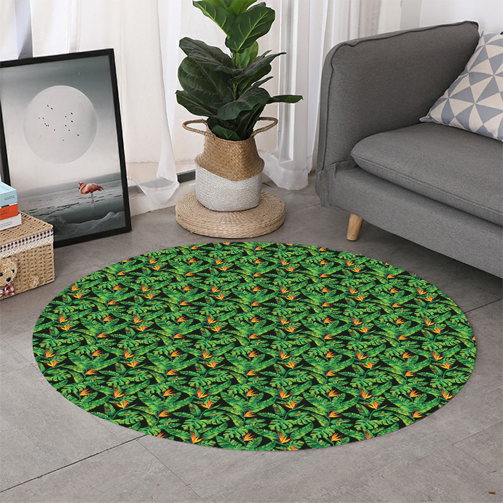 Bird Of Paradise And Palm Leaves Print Round Rug