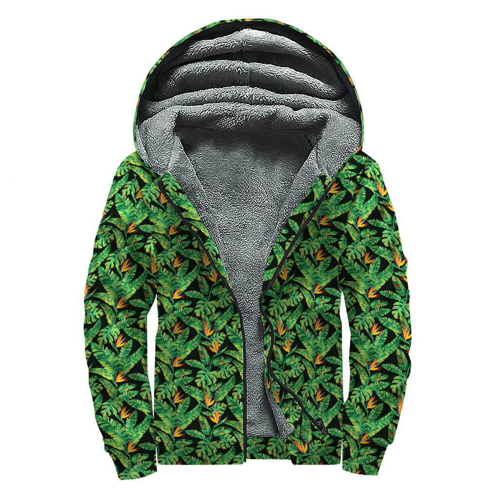 Bird Of Paradise And Palm Leaves Print Sherpa Lined Zip Up Hoodie
