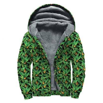 Bird Of Paradise And Palm Leaves Print Sherpa Lined Zip Up Hoodie