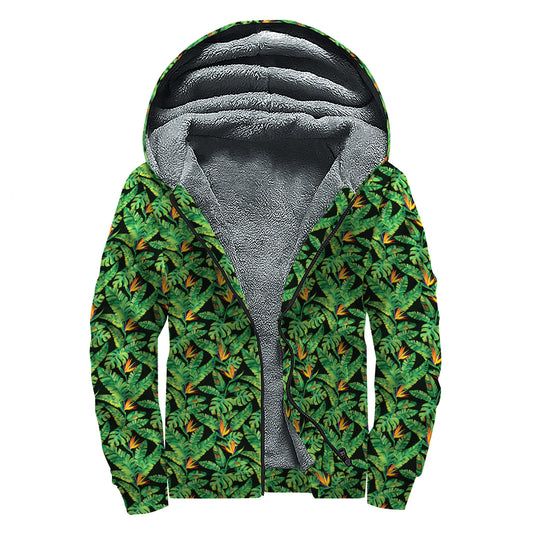 Bird Of Paradise And Palm Leaves Print Sherpa Lined Zip Up Hoodie