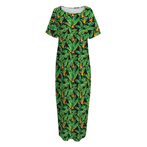 Bird Of Paradise And Palm Leaves Print Short Sleeve Long Nightdress