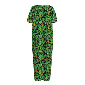 Bird Of Paradise And Palm Leaves Print Short Sleeve Long Nightdress