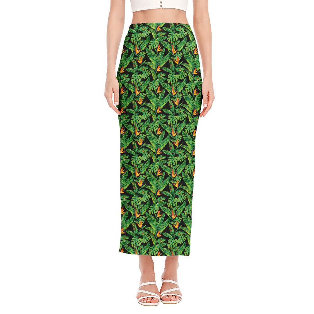 Bird Of Paradise And Palm Leaves Print Side Slit Maxi Skirt