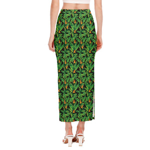 Bird Of Paradise And Palm Leaves Print Side Slit Maxi Skirt