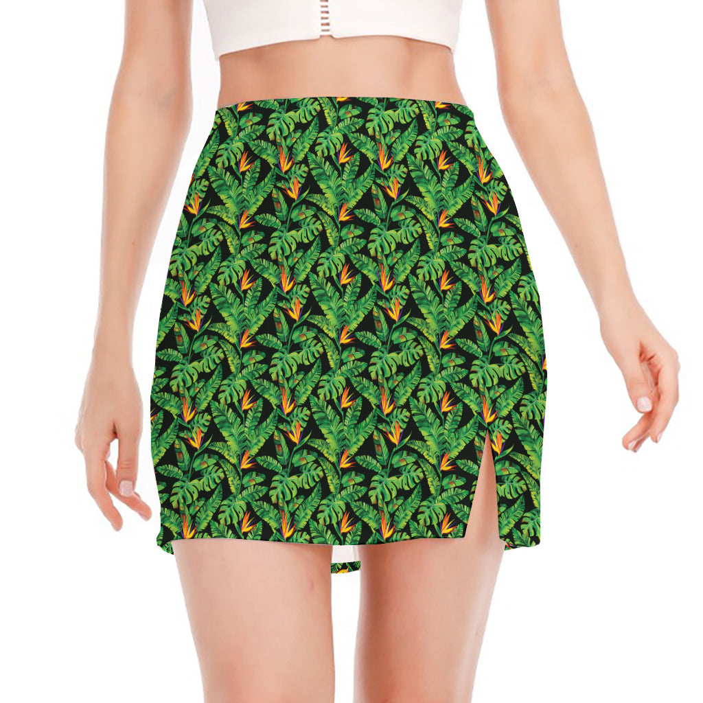 Bird Of Paradise And Palm Leaves Print Side Slit Mini Skirt