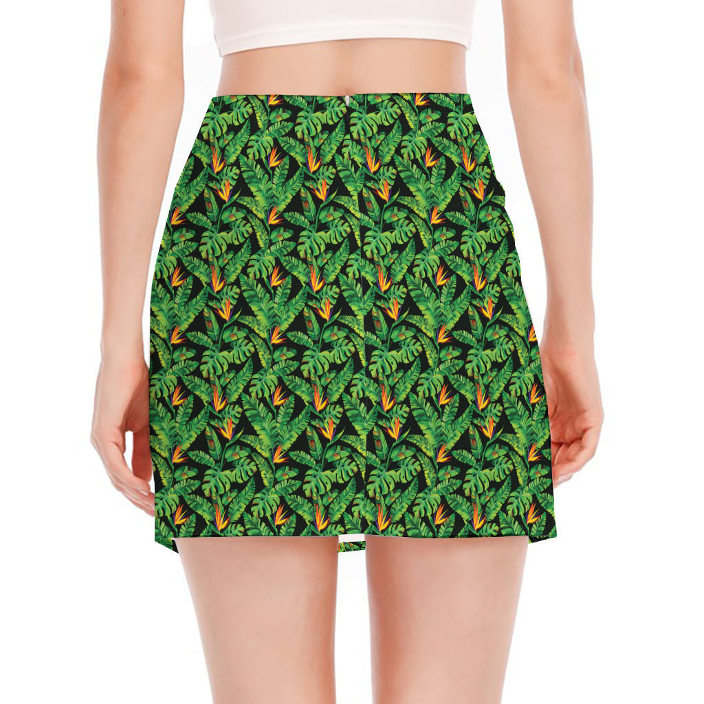 Bird Of Paradise And Palm Leaves Print Side Slit Mini Skirt