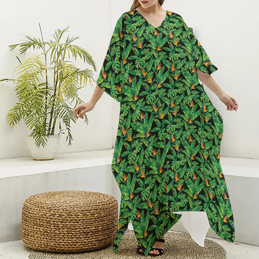 Bird Of Paradise And Palm Leaves Print Silk V-Neck Kaftan Dress