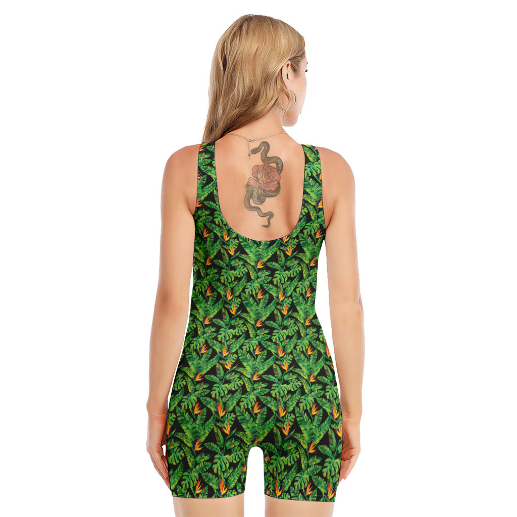 Bird Of Paradise And Palm Leaves Print Sleeveless One Piece Swimsuit