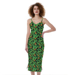 Bird Of Paradise And Palm Leaves Print Slim Fit Midi Cami Dress