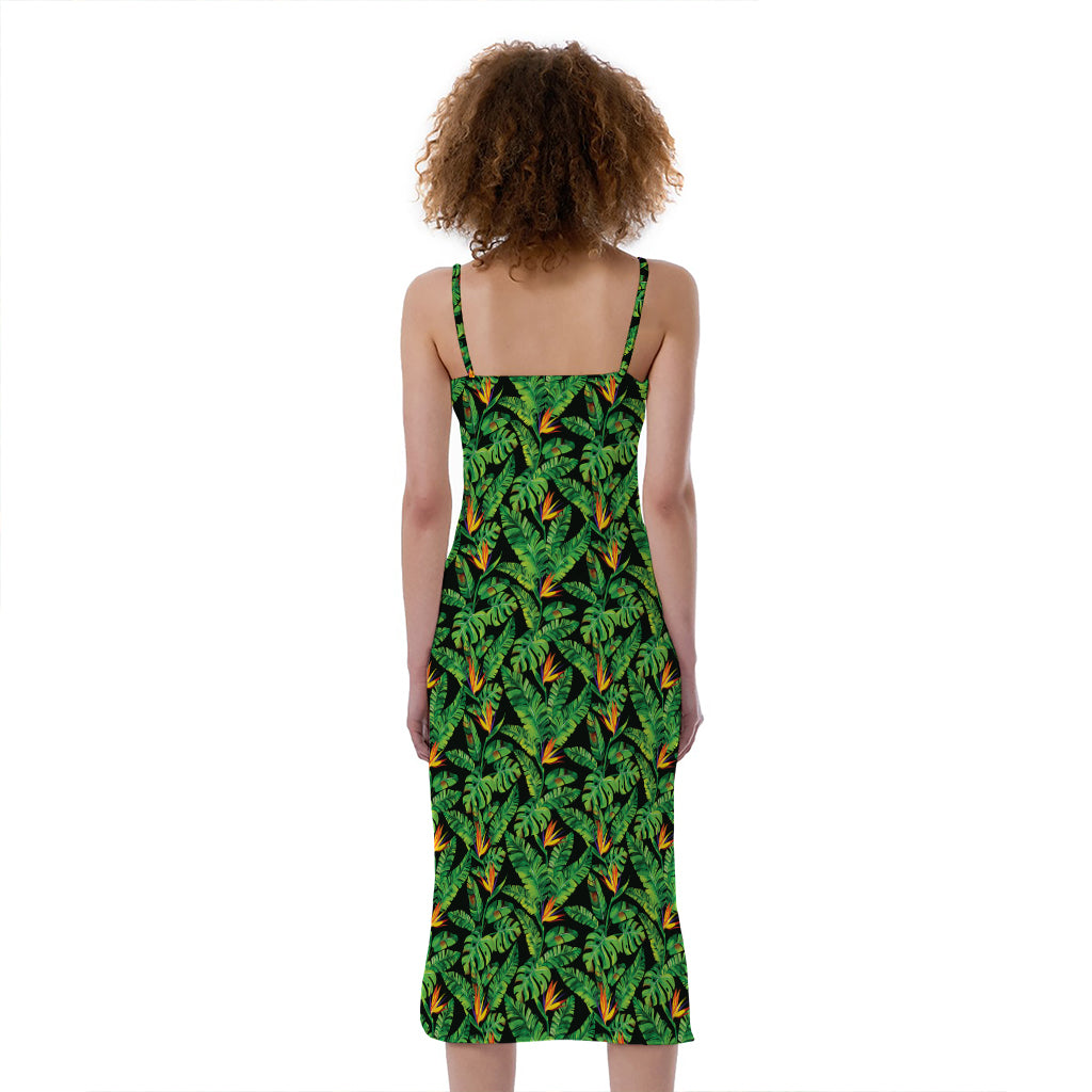 Bird Of Paradise And Palm Leaves Print Slim Fit Midi Cami Dress