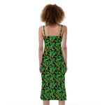 Bird Of Paradise And Palm Leaves Print Slim Fit Midi Cami Dress