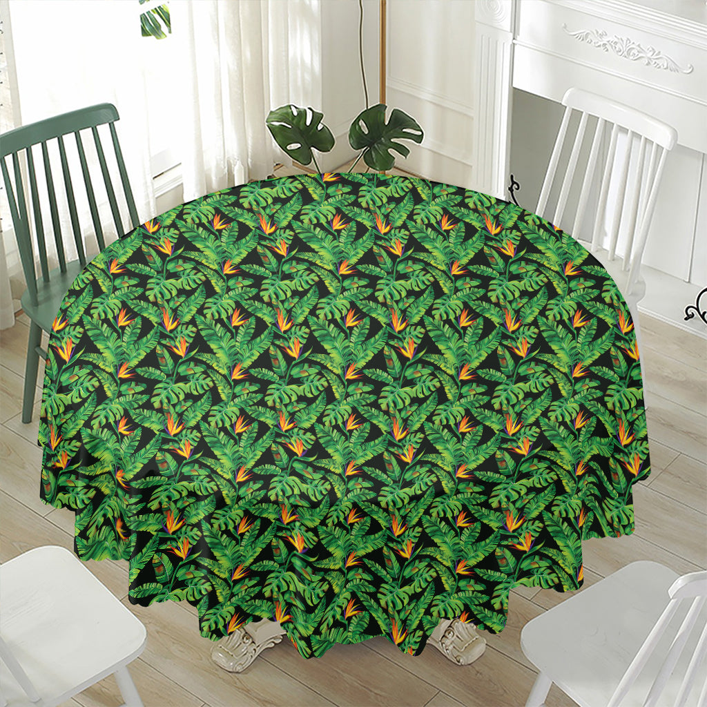 Bird Of Paradise And Palm Leaves Print Waterproof Round Tablecloth