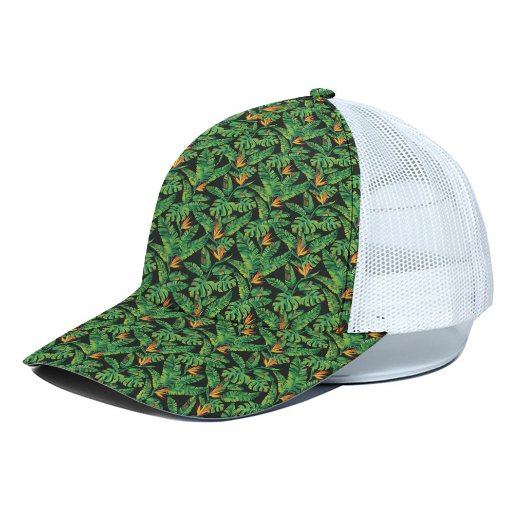 Bird Of Paradise And Palm Leaves Print White Mesh Trucker Cap