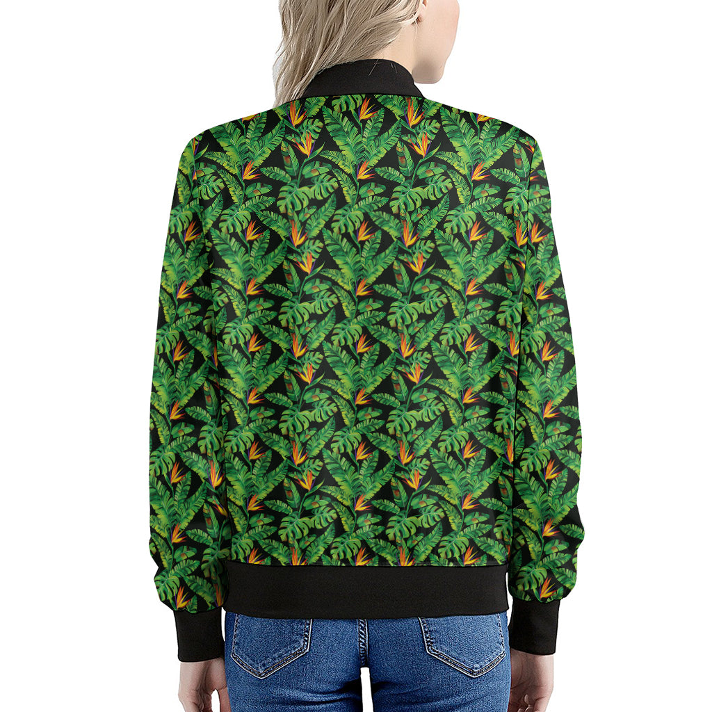 Bird Of Paradise And Palm Leaves Print Women's Bomber Jacket