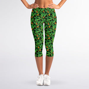 Bird Of Paradise And Palm Leaves Print Women's Capri Leggings