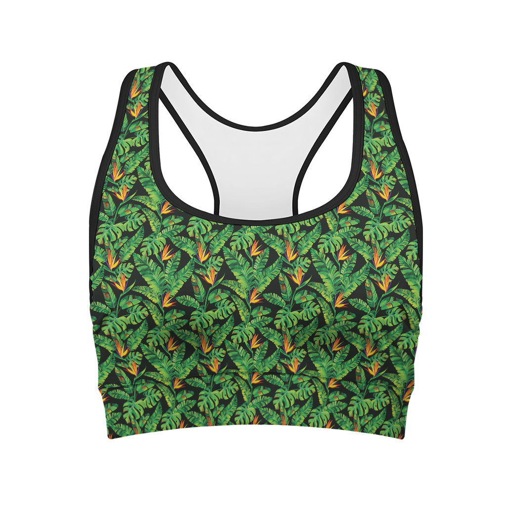 Bird Of Paradise And Palm Leaves Print Women's Sports Bra