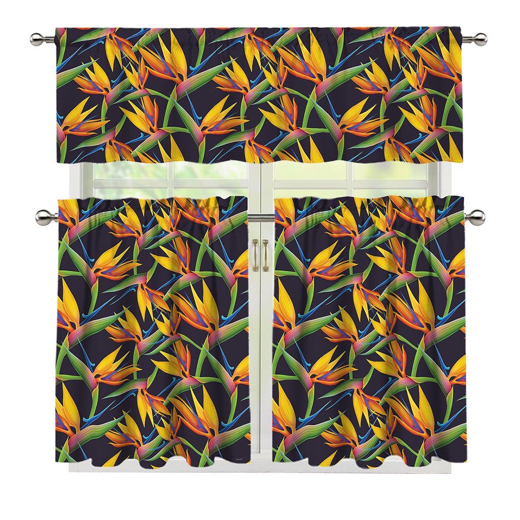 Bird Of Paradise Flower Pattern Print 3 Piece Kitchen Curtains