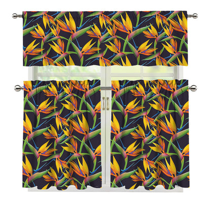 Bird Of Paradise Flower Pattern Print 3 Piece Kitchen Curtains