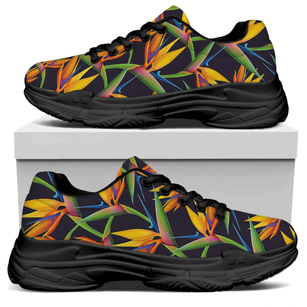 Bird Of Paradise Flower Pattern Print Black Chunky Shoes