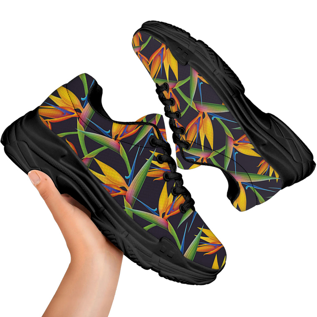 Bird Of Paradise Flower Pattern Print Black Chunky Shoes