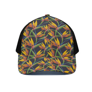 Bird Of Paradise Flower Pattern Print Black Mesh Trucker Cap