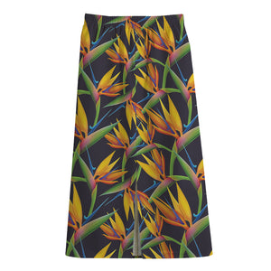 Bird Of Paradise Flower Pattern Print Cotton Front Slit Maxi Skirt