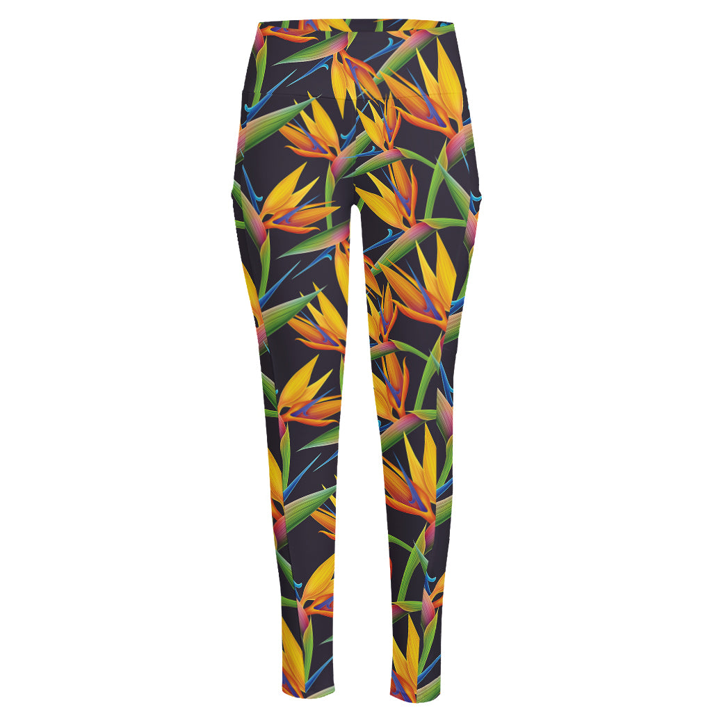 Bird Of Paradise Flower Pattern Print High-Waisted Pocket Leggings