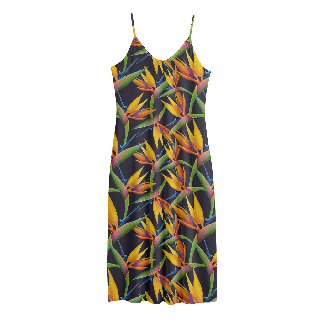 Bird Of Paradise Flower Pattern Print Jersey Midi Cami Dress