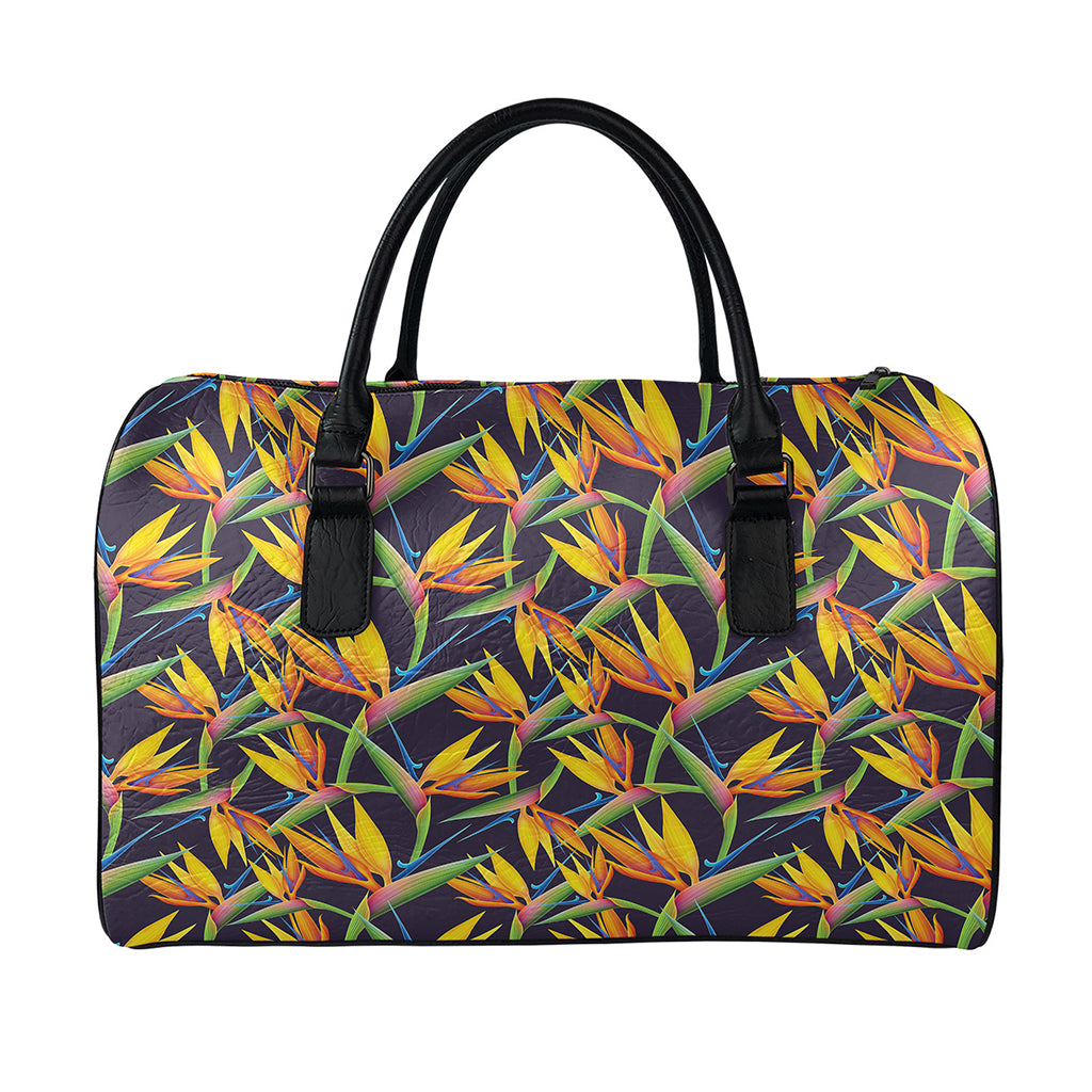 Bird Of Paradise Flower Pattern Print Leather Duffle Bag