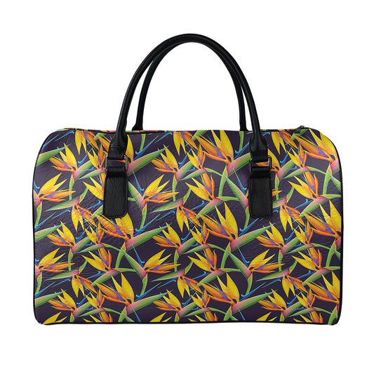 Bird Of Paradise Flower Pattern Print Leather Duffle Bag