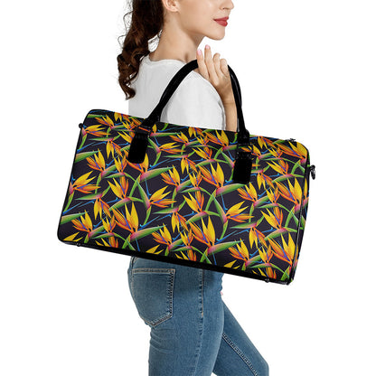 Bird Of Paradise Flower Pattern Print Leather Duffle Bag