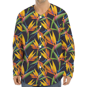 Bird Of Paradise Flower Pattern Print Long Sleeve Baseball Jersey