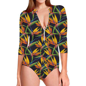 Bird Of Paradise Flower Pattern Print Long Sleeve Swimsuit