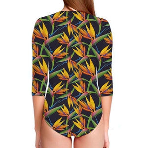 Bird Of Paradise Flower Pattern Print Long Sleeve Swimsuit