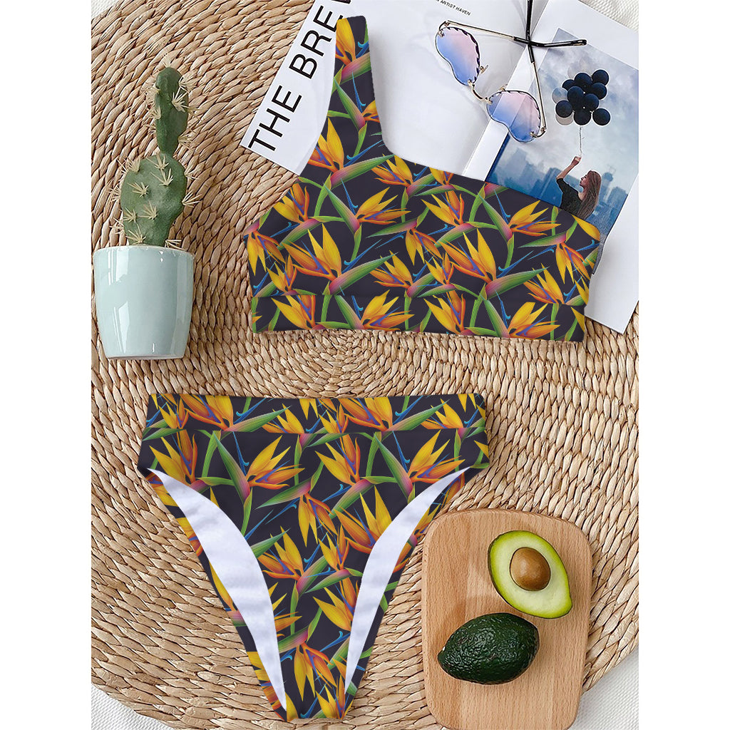 Bird Of Paradise Flower Pattern Print One Shoulder Bikini Top