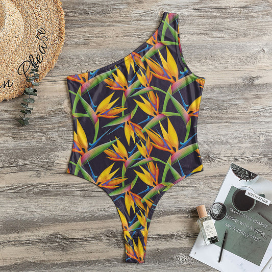 Bird Of Paradise Flower Pattern Print One Shoulder Bodysuit