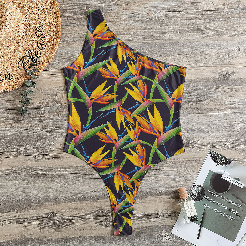 Bird Of Paradise Flower Pattern Print One Shoulder Bodysuit