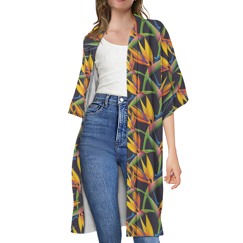 Bird Of Paradise Flower Pattern Print Open Front Beach Cover Up