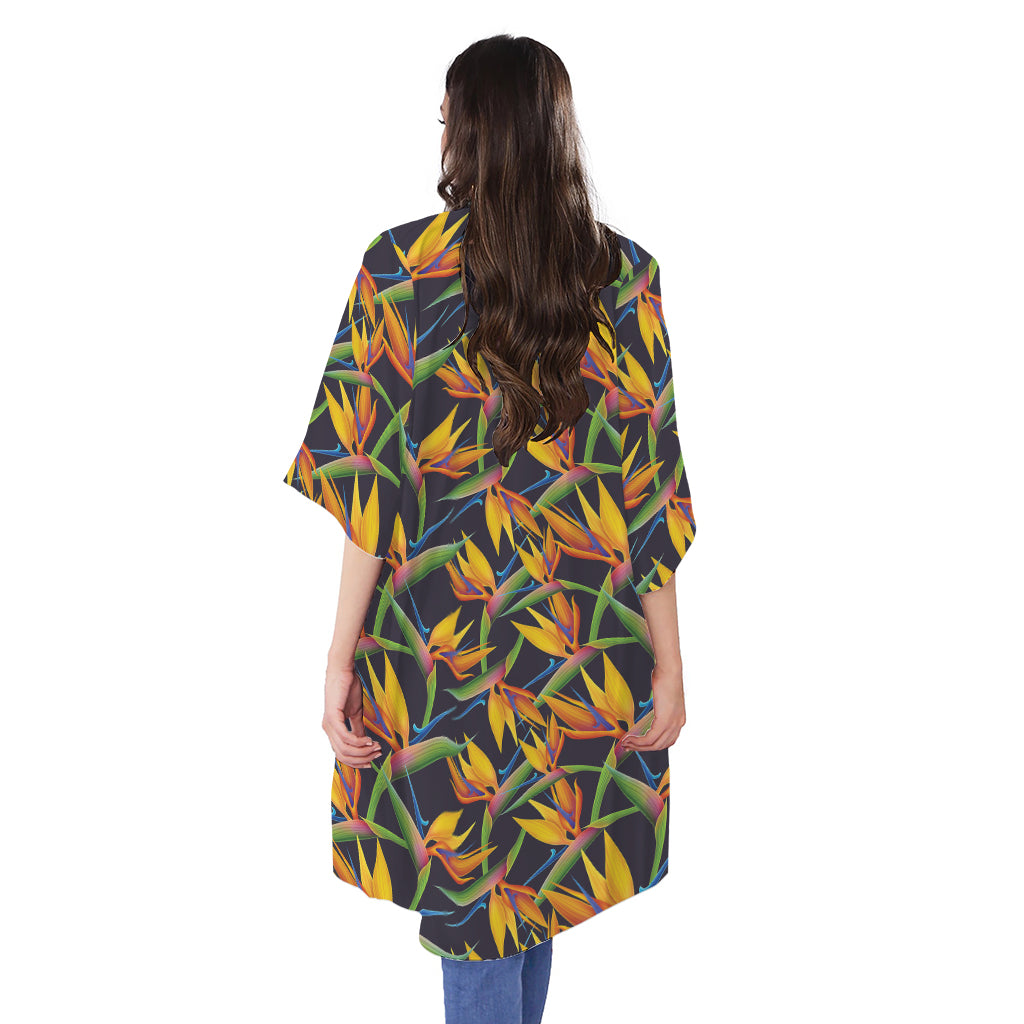 Bird Of Paradise Flower Pattern Print Open Front Beach Cover Up