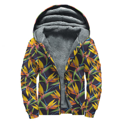 Bird Of Paradise Flower Pattern Print Sherpa Lined Zip Up Hoodie