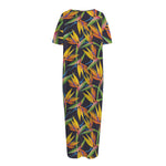 Bird Of Paradise Flower Pattern Print Short Sleeve Long Nightdress