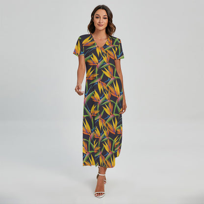 Bird Of Paradise Flower Pattern Print Short Sleeve Maxi Dress