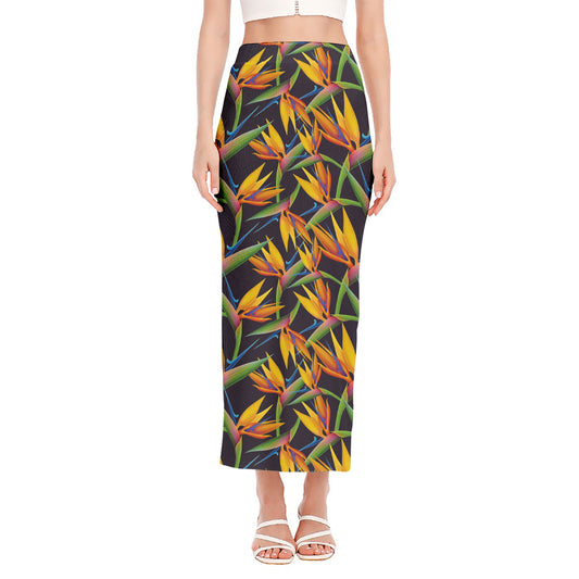 Bird Of Paradise Flower Pattern Print Side Slit Maxi Skirt