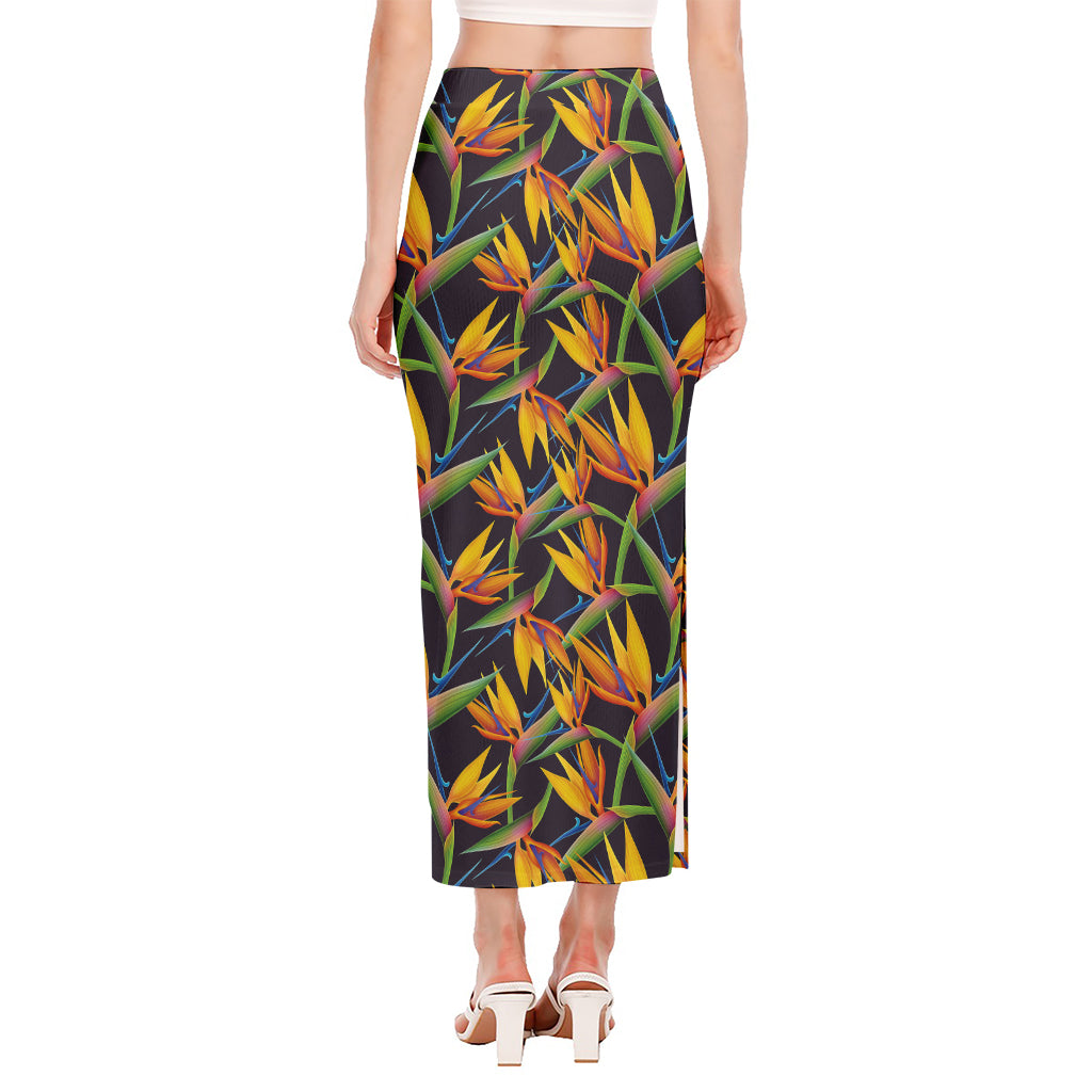 Bird Of Paradise Flower Pattern Print Side Slit Maxi Skirt